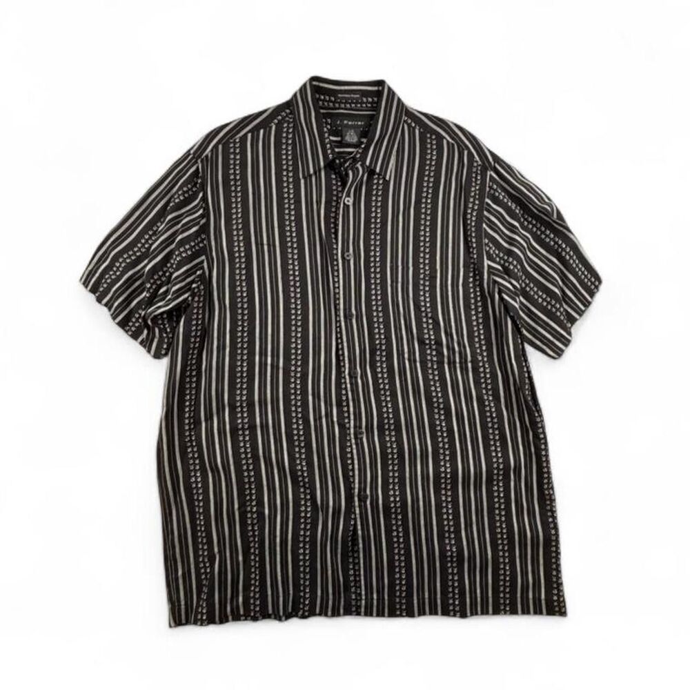 J Ferrar Black White Striped Button Up Shirt Mens L Short Sleeve Casual Fit